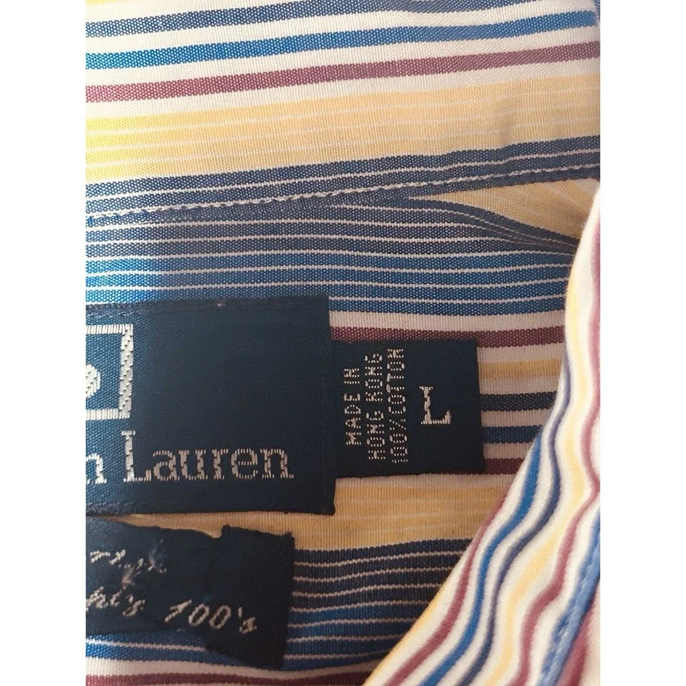 Polo Ralph Lauren Westerton Shirt Men's L Blue Yellow Stripe Two Ply Cotton VTG